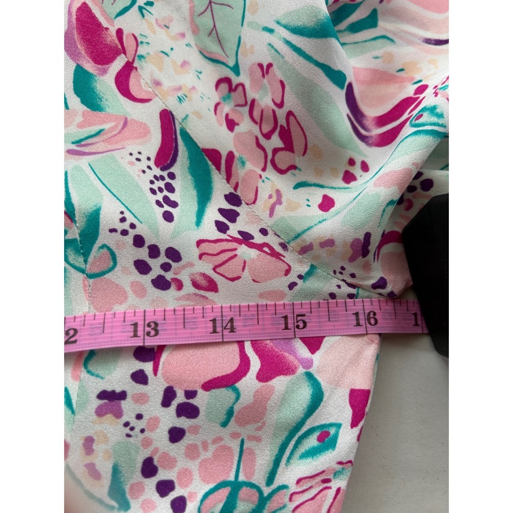 RIXO Amel Pink Teal Floral Silk Blend Kitten Bow Midi Dress Long Bell Sleeve XS - Picture 9 of 9